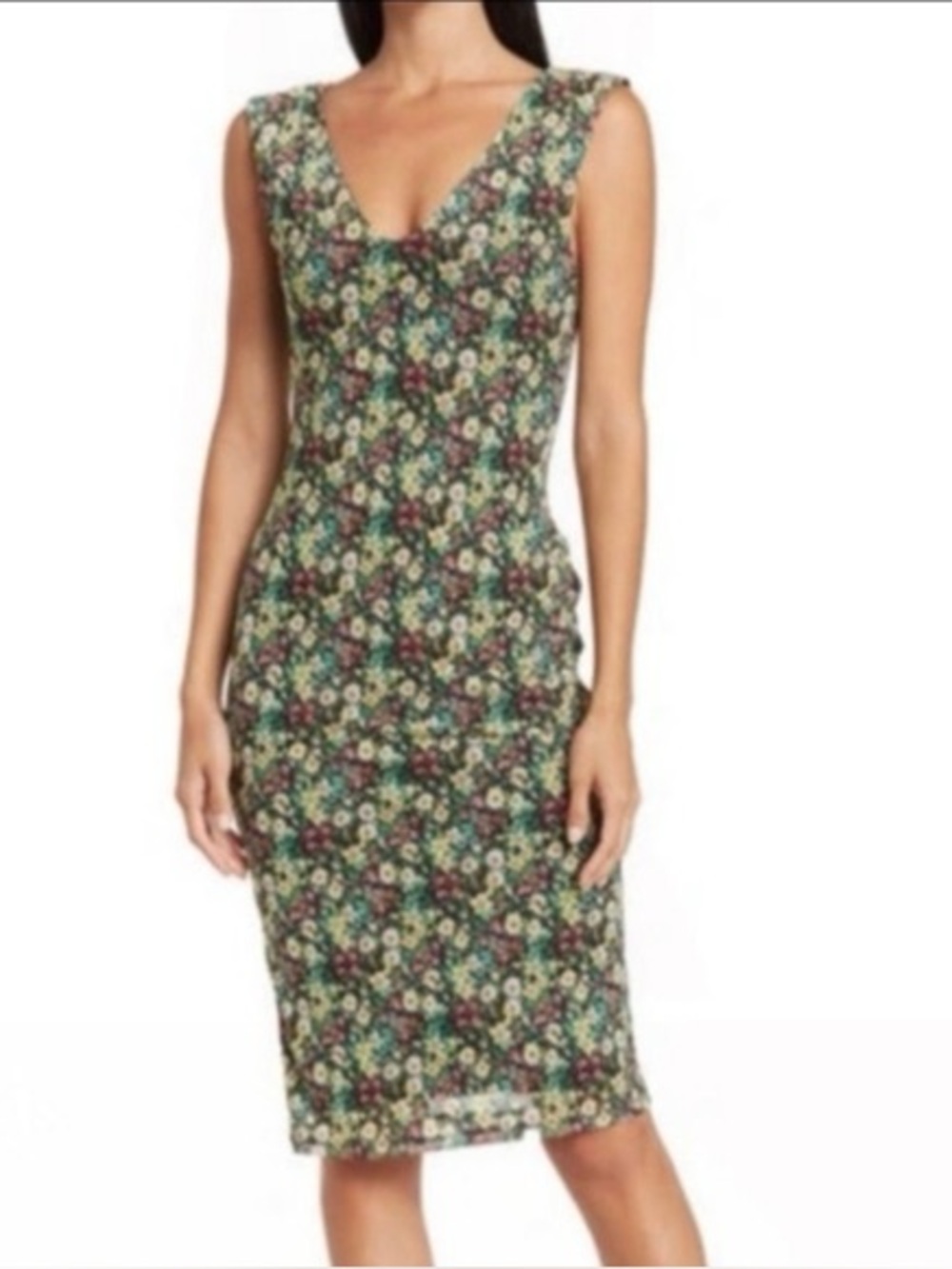 AFRM Ariana Green Floral Mesh V-Neck Midi Dress